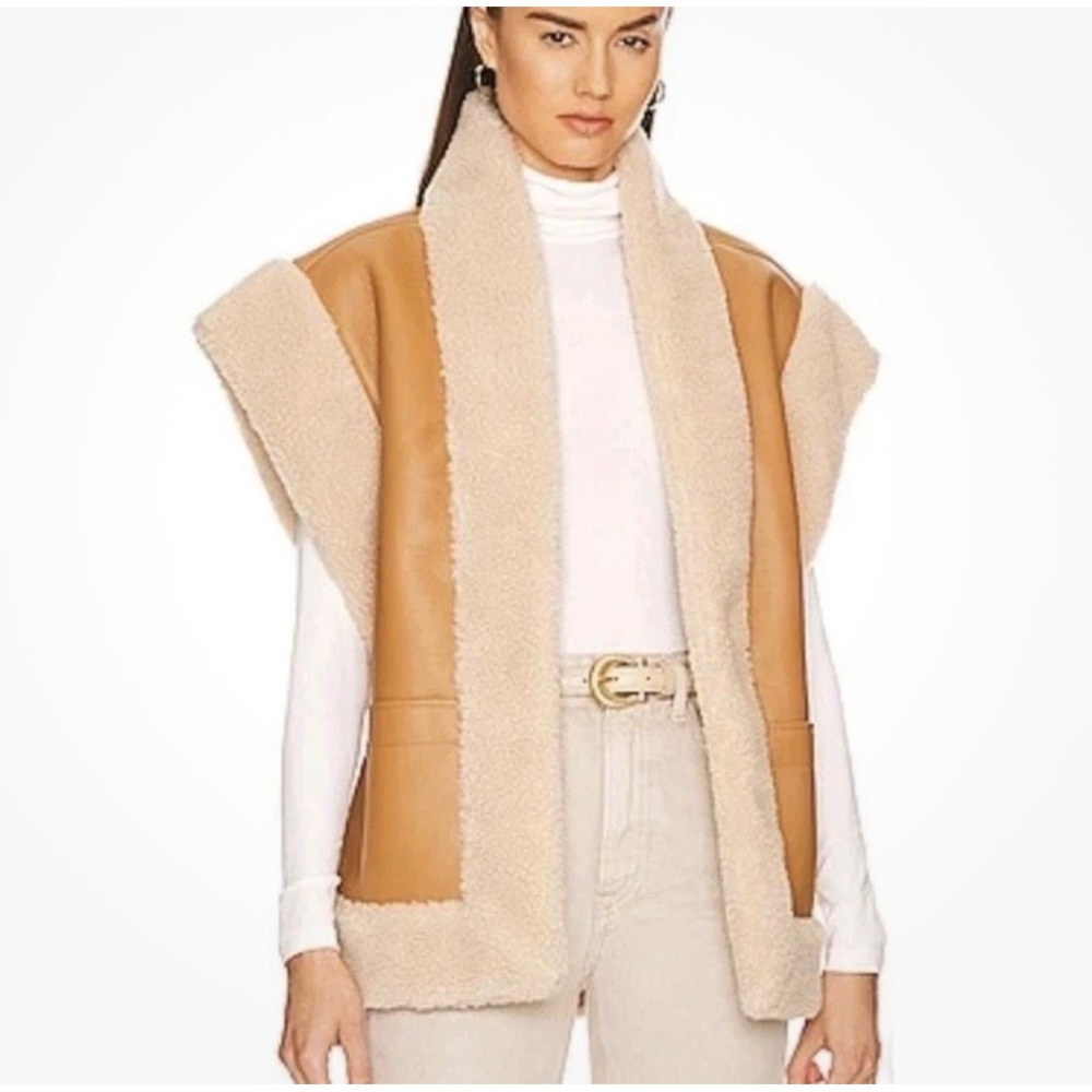A.L.C. XS Oversized Faux Leather Sherpa Brown Tan Vest Modern